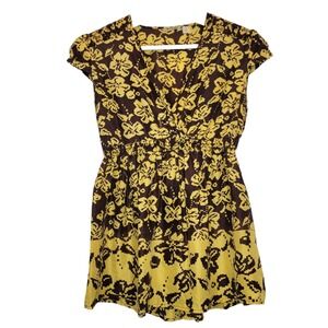 POPULATION Silk Babydoll Blouse Floral Pixel Women Sz 0 Yellow Cap Sleeve Casual